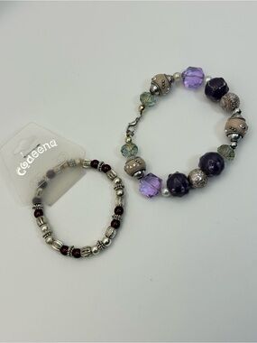 Stylish Purple Beaded Fashion Bracelet Pair of 2 Silver-tone Stretch Sparkly